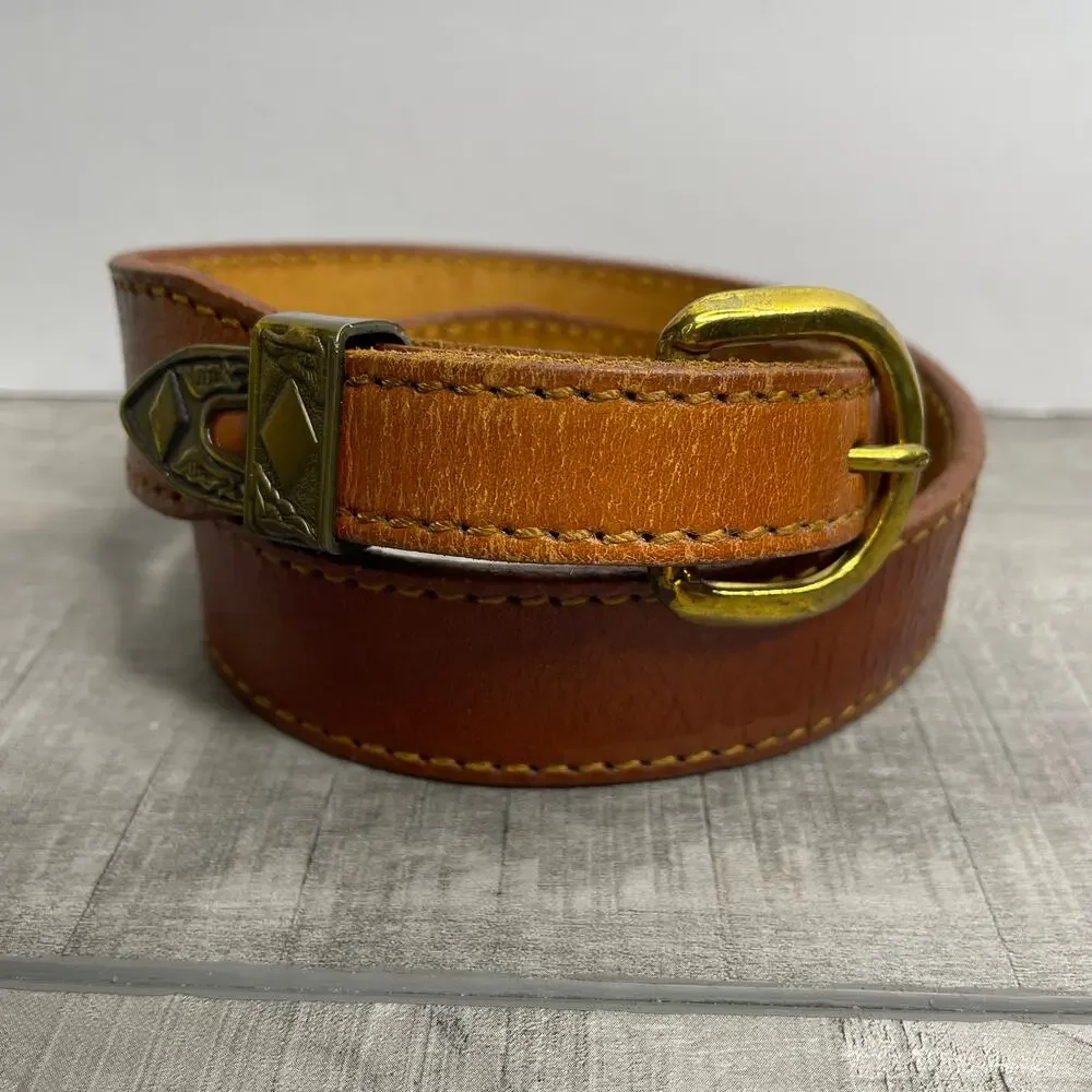 Vintage BRAND by CALDWELL Western Brown Leather 1 in Belt Brass Buckle 24 Small
